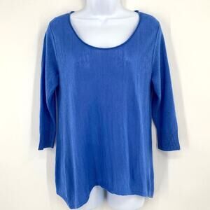 EILEEN FISHER Blue Linen Asymmetrical Sides 3/4 Sleeve Top S